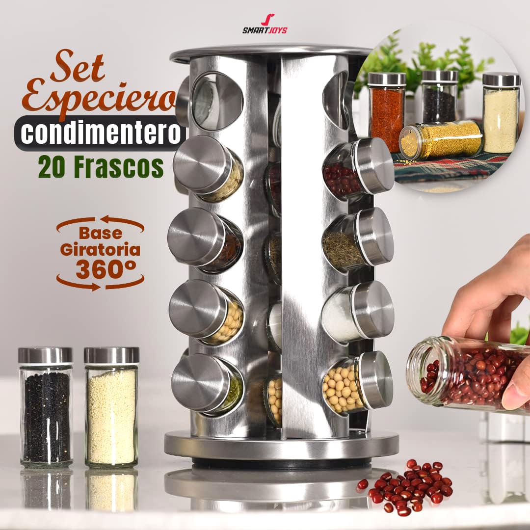Set Especiero Condimentero Giratorio En Acero Con 20 Frascos