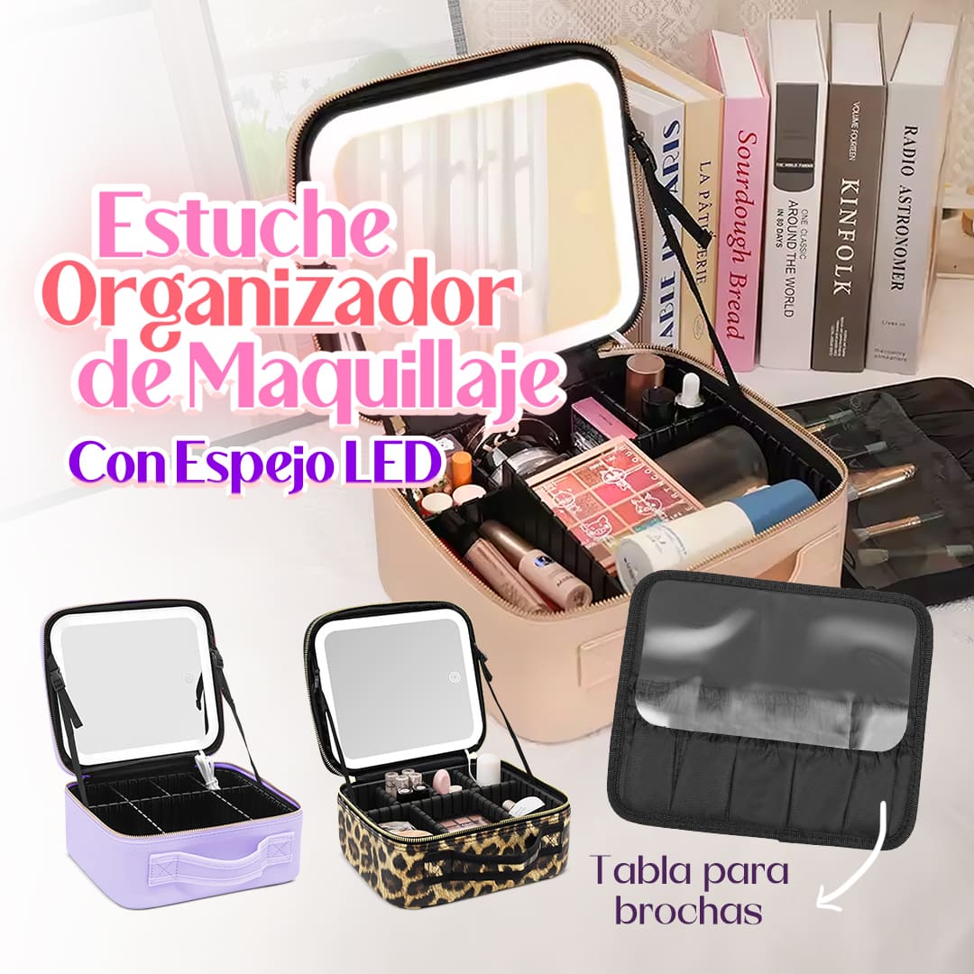Estuche Organizador De Maquillaje Con Espejo LED