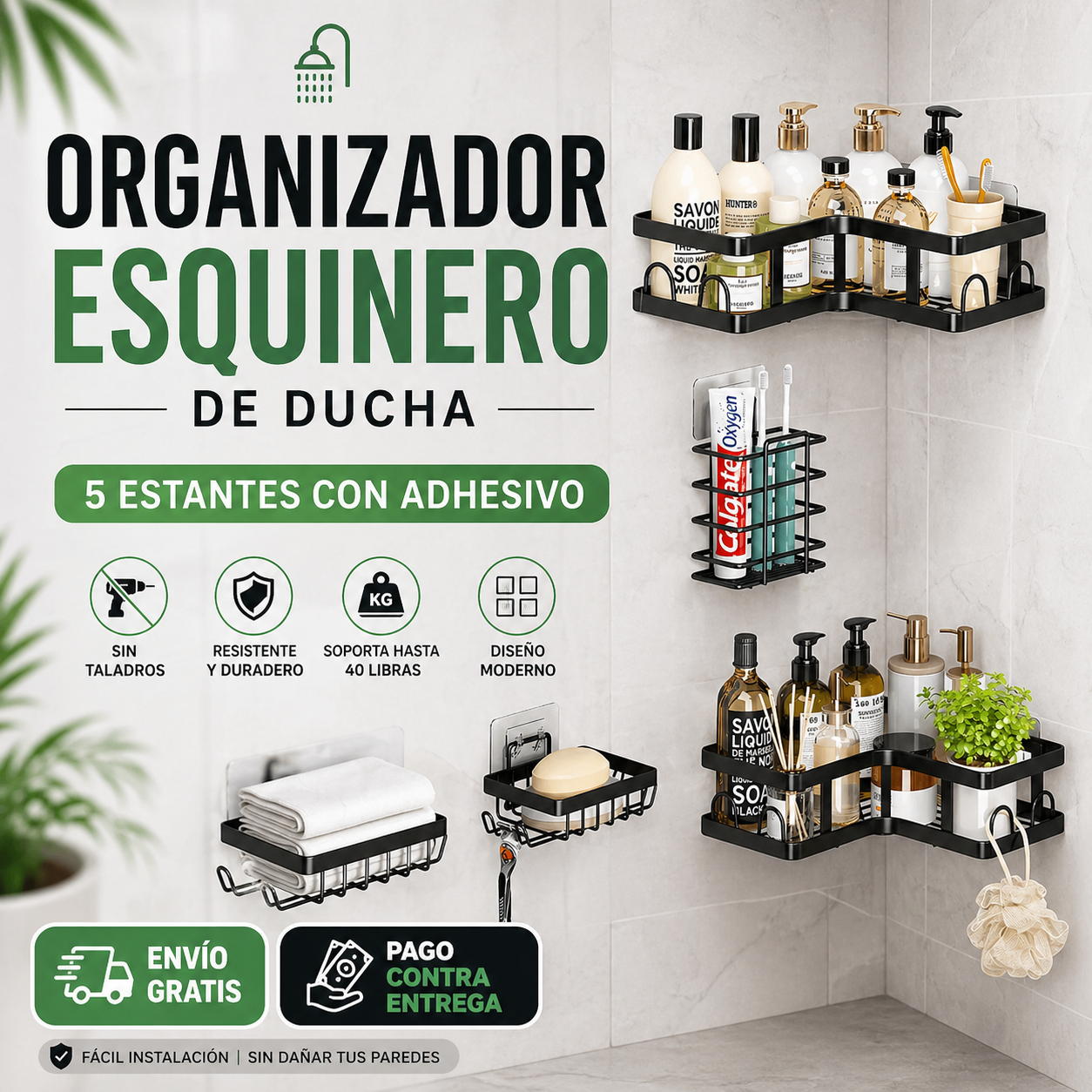 Organizador Esquinero De Ducha 5 Estantes Con Adhesivo