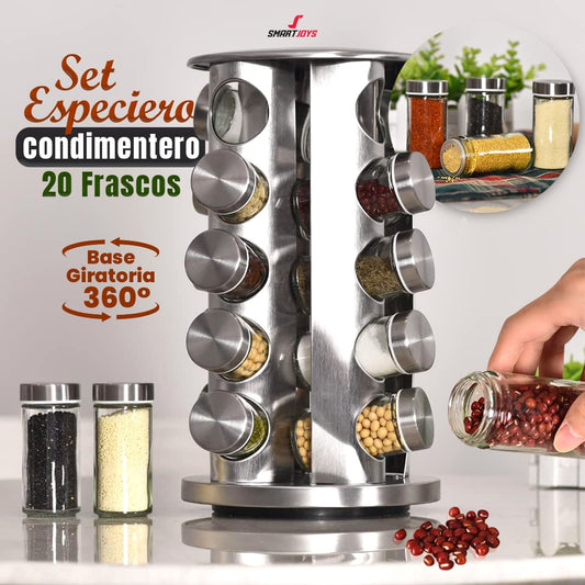 Set Especiero Condimentero Giratorio En Acero Con 20 Frascos
